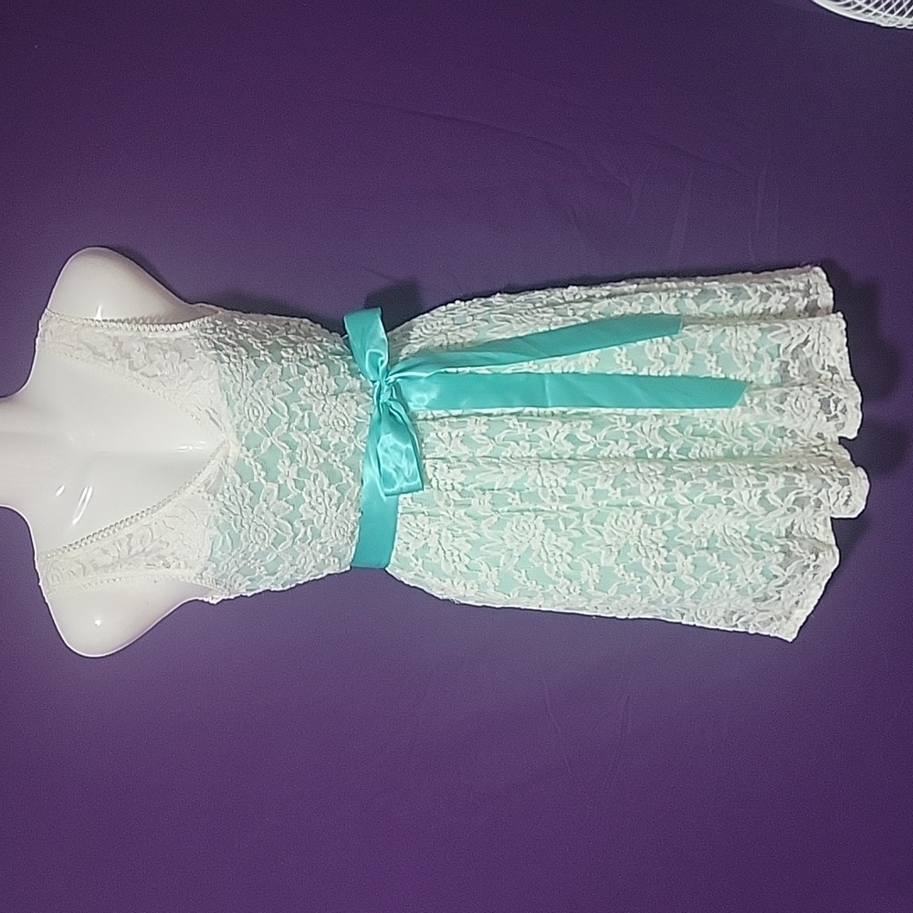 Deb white floral lace mint blue dress